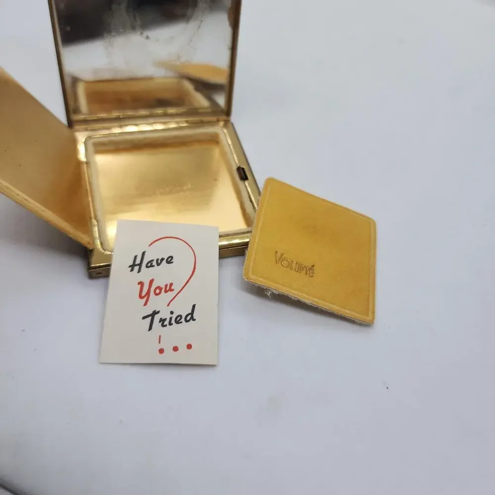 Vintage Volupte Black Gold Scroll Powder Compact Mirror Puff Unused Orig Card